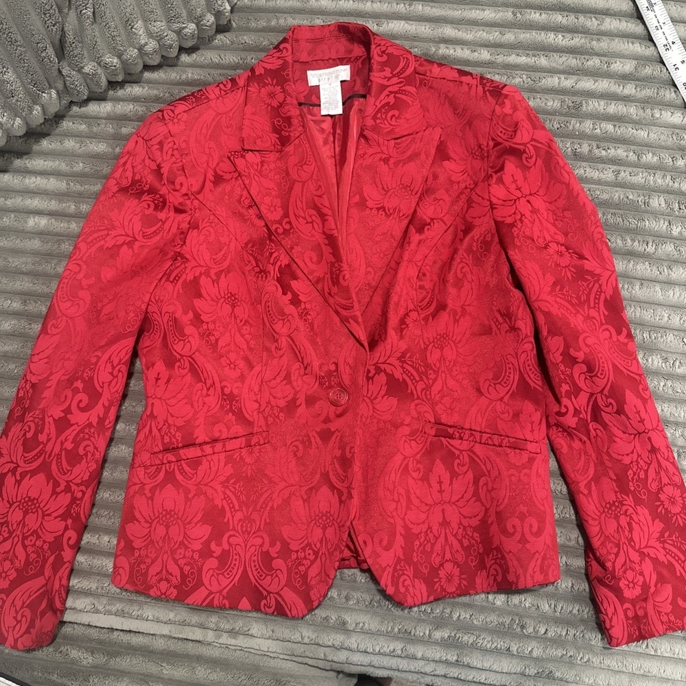 Worthington Stretch Blazer Jacket Women's 14 Red Paisley Pattern Cotton Blend